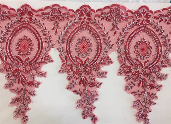 LNS-BBE-273-REDSILVER. Embroidered Bridal Lace - Red with Silver Borders - 12 Inch Wide - Price per Yard: $6.00