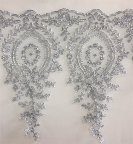 LNS-BBE-273-SILVER. Embroidered Bridal Lace - Silver - 12 Inch Wide - Price per Yard: $6.00