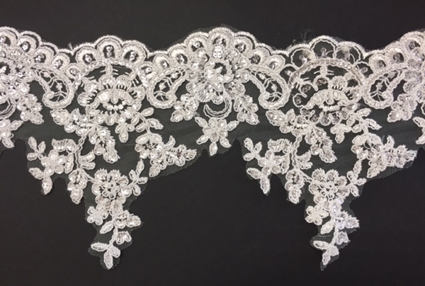 LNS-BBE-274-IVORY. Embroidered Bridal Lace with Beads and Sequins - 7 Inch Wide - IVORY - Price per yard: $7.00
