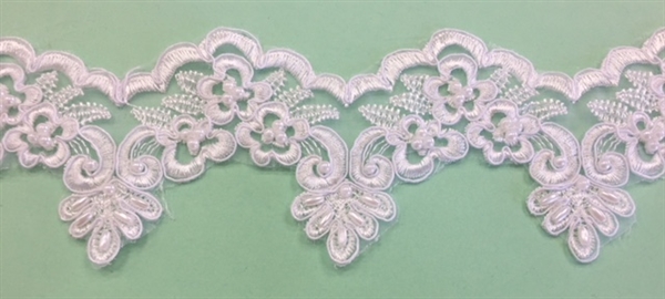 LNS-BBE-276-WHITE. EMBROIDERED BRIDAL BEADED LACE WITH BEADS AND PEARLS - 3" - WHITE