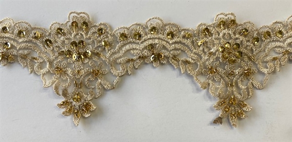 LNS-BBE-285-GOLD. EMBROIDERED BRIDAL LACE - GOLD -  3.5 INCH WIDE