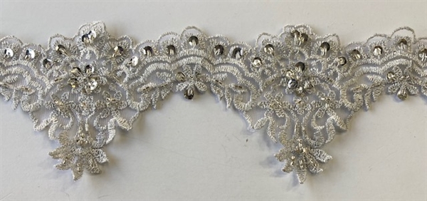 LNS-BBE-285-SILVER. EMBROIDERED BRIDAL LACE - SILVER -  3.5 INCH WIDE