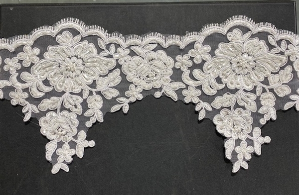 LNS-BBE-288-WHITE.  BRIDAL BEADED LACE ON TULLE - 6.5" WIDE - WHITE