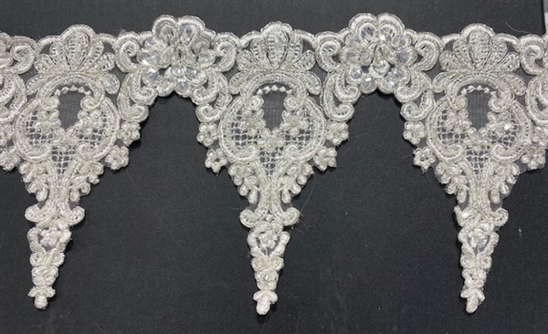 LNS-BBE-289-OFFWHITE.  BRIDAL BEADED LACE ON TULLE - 6" WIDE - OFF-WHITE