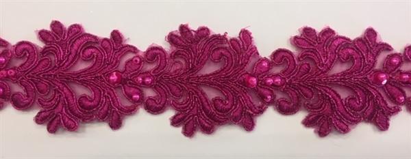 LNS-BBE-301-FUCHSIA. EMBROIDERED BRIDAL BEADED LACE WITH PEARLS - 1.5" - FUCHSIA