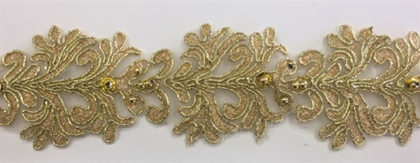 LNS-BBE-301-GOLD. EMBROIDERED BRIDAL BEADED LACE WITH PEARLS - 1.5" - GOLD
