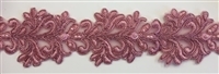 LNS-BBE-301-ROSE. EMBROIDERED BRIDAL BEADED LACE WITH PEARLS - 1.5" - ROSE