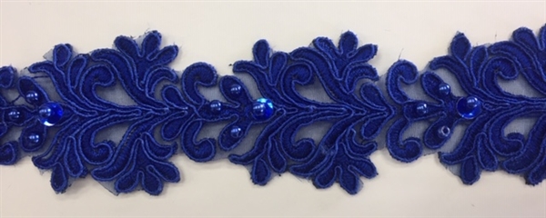 LNS-BBE-301-ROYALBLUE. EMBROIDERED BRIDAL BEADED LACE WITH PEARLS - 1.5" - ROYAL BLUE