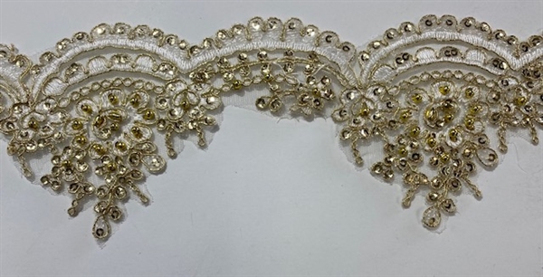 LNS-BBE-303-GOLD. EMBROIDERED BRIDAL BEADED LACE WITH BEADS AND PEARLS - 4" - GOLD