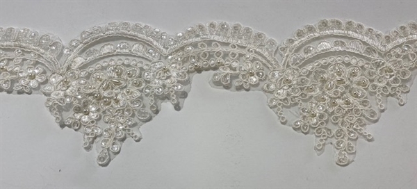 LNS-BBE-303-OFFWHITE. EMBROIDERED BRIDAL BEADED LACE WITH BEADS AND PEARLS - 4" - OFF-WHITE
