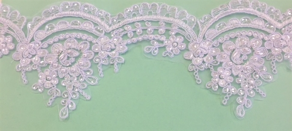 LNS-BBE-303-WHITE. EMBROIDERED BRIDAL BEADED LACE WITH BEADS AND PEARLS - 4" - WHITE