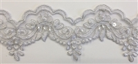 LNS-BBE-305-SILVER. EMBROIDERED BRIDAL BEADED LACE WITH PEARLS - 3" - SILVER