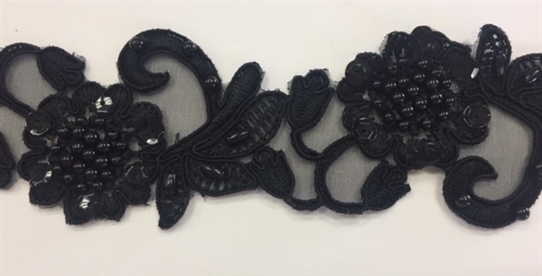 LNS-BBE-310-BLACK. Embroidered Beaded Lace with Sequins For Bridal Dresses and Dance Costumes - 2" - Black