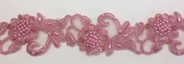 LNS-BBE-310-DUSTYROSE. Embroidered Beaded Lace with Sequins For Bridal Dresses and Dance Costumes - 2" - Dusty Rose