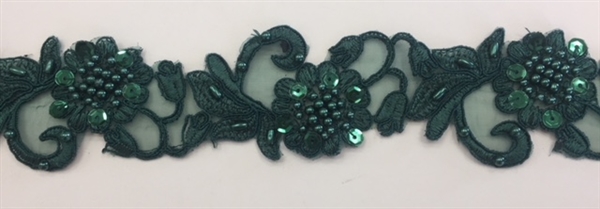 LNS-BBE-310-HUNTERGREEN. Embroidered Beaded Lace with Sequins For Bridal Dresses and Dance Costumes - 2" - Hunter Green