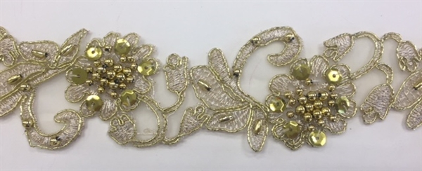 LNS-BBE-310-METALLICGOLD. Embroidered Beaded Lace with Sequins For Bridal Dresses and Dance Costumes - 2" - Metallic Gold