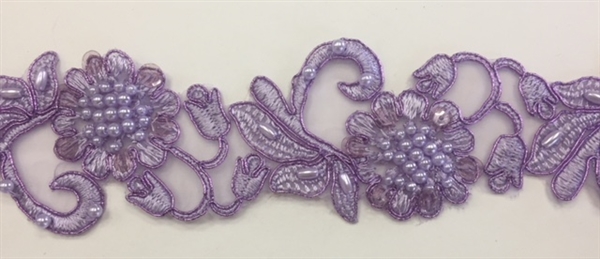 â€‹LNS-BBE-310-METALLICLILAC. Embroidered Beaded Lace with Sequins For Bridal Dresses and Dance Costumes - 2" - Lilac With Metallic Borders
â€‹