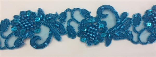 LNS-BBE-310-METALLICTURQUOISE. Embroidered Beaded Lace with Sequins For Bridal Dresses and Dance Costumes - 2" - Metallic Turquoise