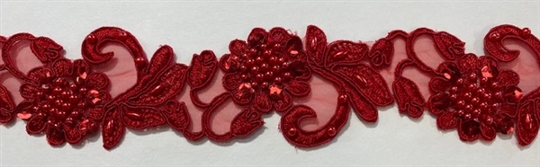LNS-BBE-310-RED. Embroidered Beaded Lace with Sequins For Bridal Dresses and Dance Costumes - 2" - Red