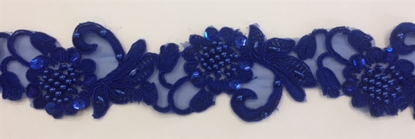LNS-BBE-310-ROYALBLUE. Embroidered Beaded Lace with Sequins For Bridal Dresses and Dance Costumes - 2" - Royal Blue