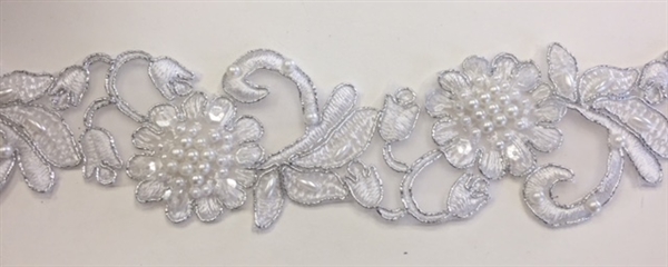 LNS-BBE-310-SILVERWHITE. Embroidered Beaded Lace with Sequins For Bridal Dresses and Dance Costumes - 2" - Silver White