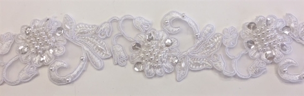 LNS-BBE-310-WHITE. EMBROIDERED BRIDAL BEADED LACE WITH BEADS - 2" - WHITE