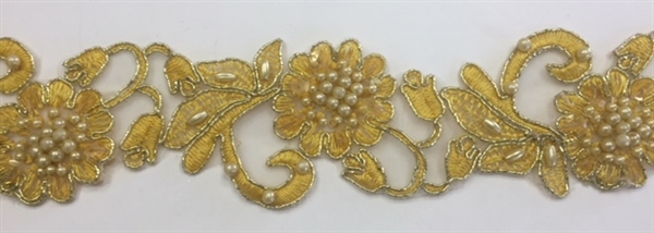 LNS-BBE-310-YELLOW. Embroidered Beaded Lace with Sequins For Bridal Dresses and Dance Costumes - 2" - Yellow
â€‹
