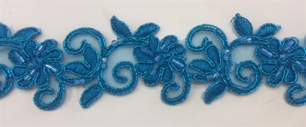 LNS-BBE-311-TURQUOISE. EMBROIDERED BRIDAL BEADED LACE WITH RED BEADS - 1.5" - TURQUOISE