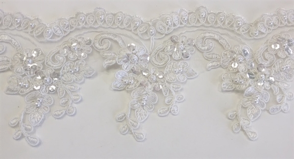 LNS-BBE-312-OFFWHITE. EMBROIDERED BRIDAL BEADED LACE WITH SILVER BEADS - 4" - OFFWHITE