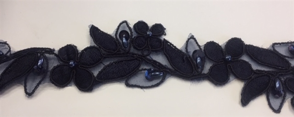LNS-BBE-314-NAVY. EMBROIDERED BRIDAL BEADED LACE WITH BEADS - 1.5" - NAVY