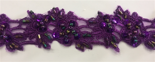 LNS-BBE-315-PURPLE. EMBROIDERED BRIDAL BEADED LACE WITH BEADS - 2" - PURPLE