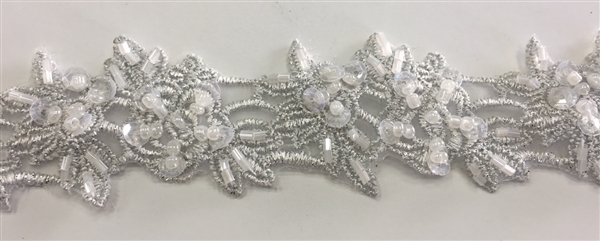 LNS-BBE-315-SILVER. EMBROIDERED BRIDAL BEADED LACE WITH BEADS - 2" - SILVER