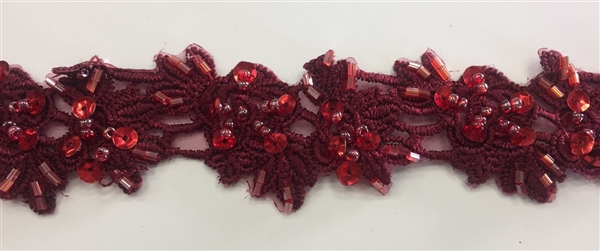 LNS-BBE-315-WINE. EMBROIDERED BRIDAL BEADED LACE WITH BEADS - 2" - WINE