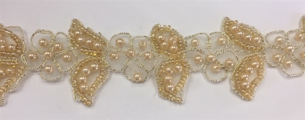 LNS-BBE-316-GOLD.  BRIDAL BEADED LACE WITH BEADS AND PEARLS - 1.5" - GOLD