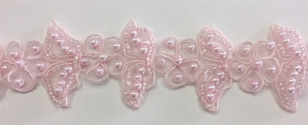 LNS-BBE-316-PINK.  BRIDAL BEADED LACE WITH BEADS AND PEARLS - 1.5" - PINK