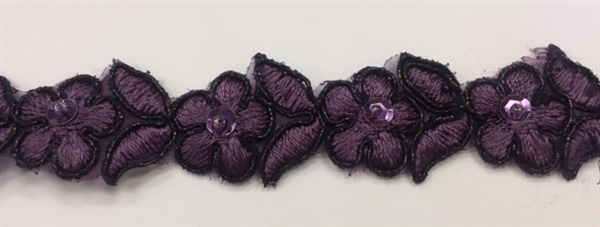 LNS-BBE-319-PLUM.  EMBROIDERED BRIDAL LACE - 1 " - PLUM