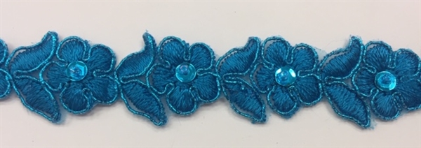 LNS-BBE-319-TURQUOISE.  EMBROIDERED BRIDAL LACE - 1 " - TURQUOISE
