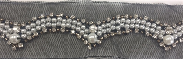 LNS-BED-144-SILVER.  Beaded Trim with Beautifully Arranged Silver Pearls, Bronze Pearls and Clear Crystal Stones On Black Mesh - Sold By the Yard - 1.25 Inches Wide