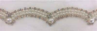 LNS-BED-144-WHITE.  Beaded Trim with Beautifully Arranged White Pearls, Gold Pearls and Clear Crystal Stones On White Mesh - Sold By the Yard - 1.25 Inches Wide