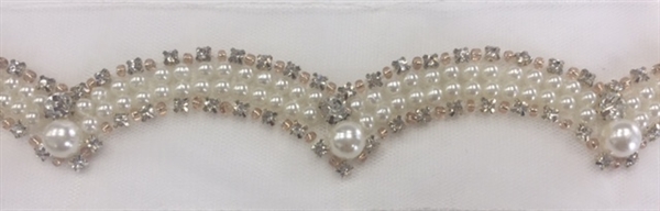 LNS-BED-144-WHITE.  Beaded Trim with Beautifully Arranged White Pearls, Gold Pearls and Clear Crystal Stones On White Mesh - Sold By the Yard - 1.25 Inches Wide