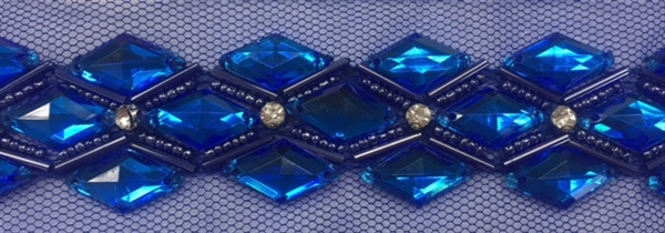 LNS-BED-145-BLUE2.  Beaded Trim with Beautifully Arranged Blue Acrylic Stones and Navy Blue Beads On Blue Mesh - Sold By the Yard - 1.25 Inches Wide