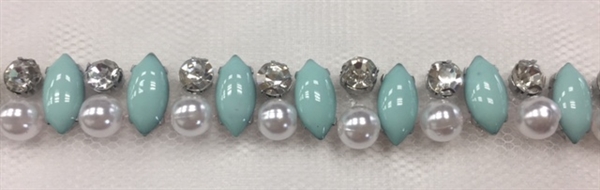LNS-BED-146-TURQUOISE.  Beaded Trim with Beautifully Arranged Turquoise Acrylic Stones, White Pearls, and Clear Crystals On White Mesh - Sold By the Yard - 0.5 Inches Wide