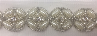 LNS-BED-147-OFFWHITE.  Beaded Trim with Beautifully Arranged Off-White Pearls, Clear Crystals, and Silver Beads On White Mesh - Sold By the Yard - 1 Inch Wide