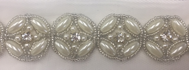 LNS-BED-147-OFFWHITE. Beaded with Beautifully Arranged Off-White Pearls, Clear Crystals, and Silver