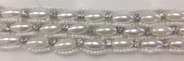 LNS-BED-148-OFFWHITE.  Beaded Trim with Beautifully Arranged Off-White and White Pearls, Clear Crystals On White Mesh - Sold By the Yard - 1 Inch Wide