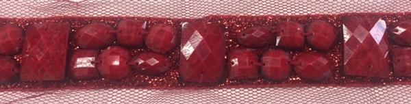 LNS-BED-149-RED.  Beaded Trim with Beautifully Arranged Red Acrylics on a Shiny Strip - Sold By the Yard - 1 Inch Wide