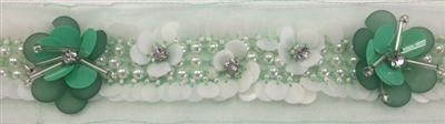 LNS-BED-155-GREEN.  Beaded Trim with Beautifully Arranged Pearls, and Sequins a Green Mesh - Sold By the Yard - 1.5 Inch Wide