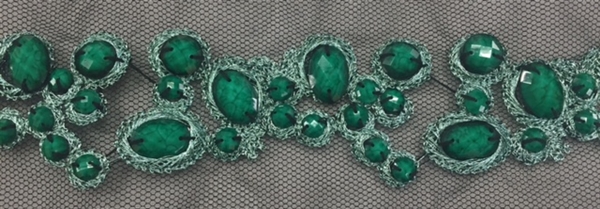 LNS-BED-156-JADE.  Beaded Trim with Beautifully Arranged Jade Beads on a Black Mesh - Sold By the Yard - 1.5 Inch Wide