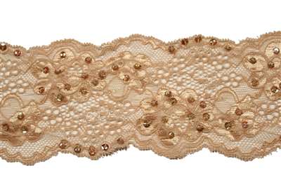 LST-BED-115-BEIGE.  Beaded Stretch Lace