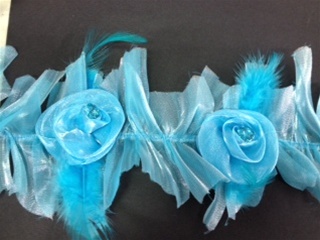 LST-FLR-101-BLUE.  STRETCH FLORAL LACE WITH FEATHER AND CRYSTALS